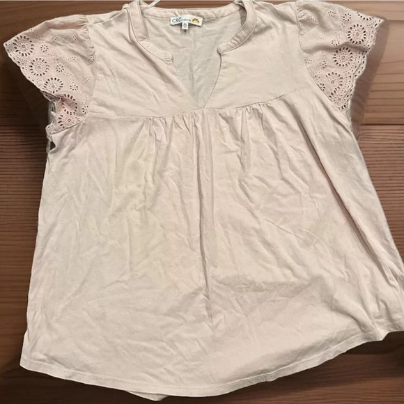 C&C California Blouse Top Blush Pink Eyelet Flutter Sleeve Cotton Rayon Soft XL - Picture 3 of 12